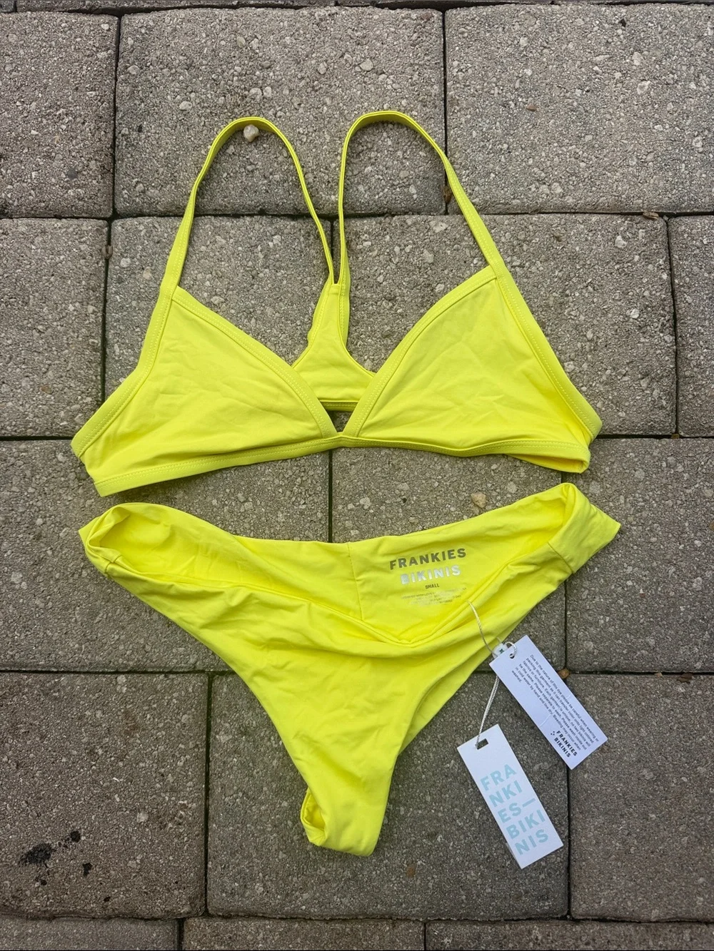 Frankie's Bikinis Neon Lime Triangle Bikini Top and matching bottom